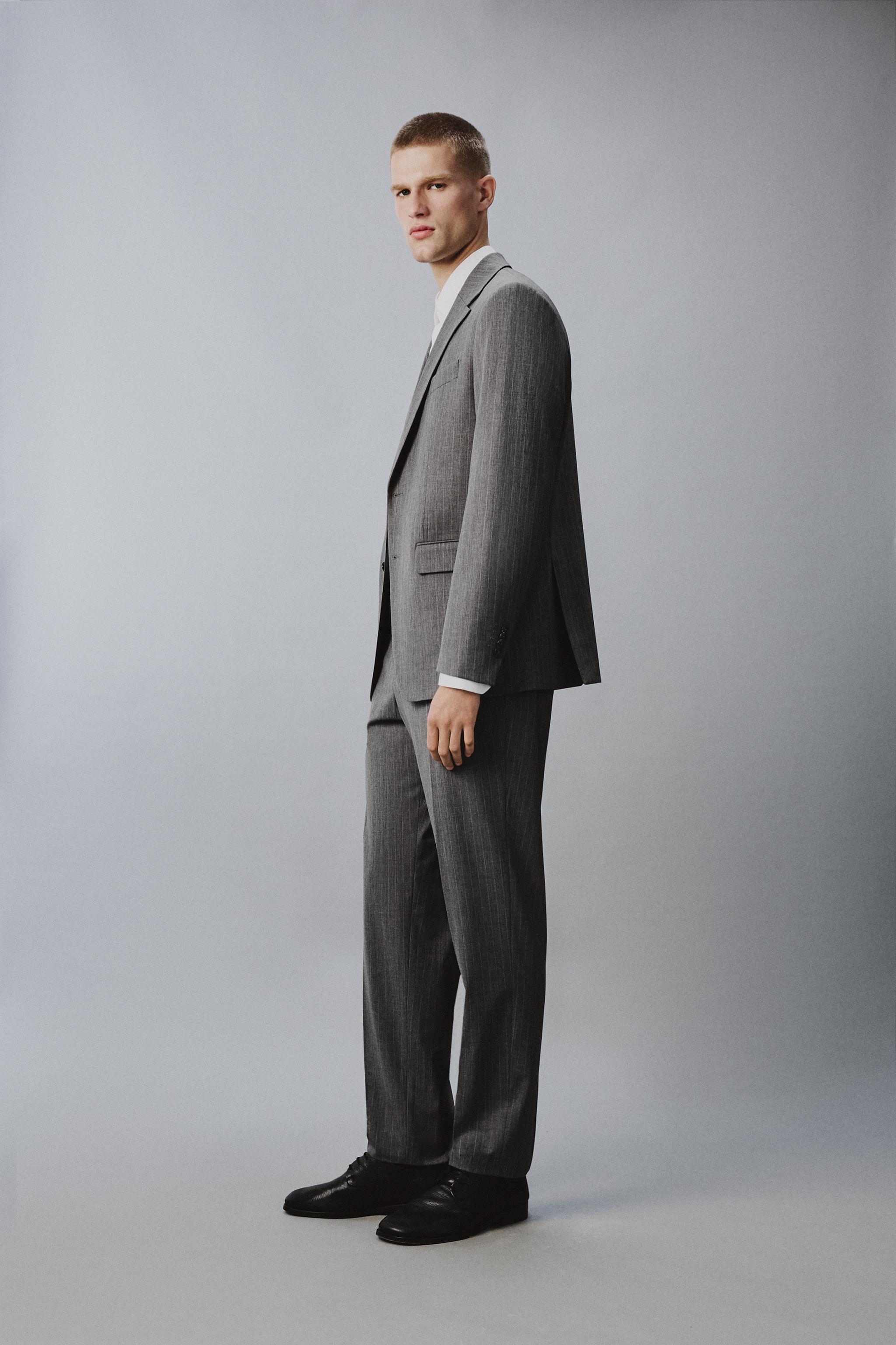 WOOL BLEND PINSTRIPE SUIT BLAZER
